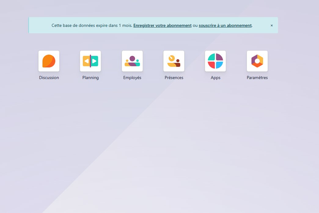 Interface Odoo avec les modules Présences, Employés, Planning installés