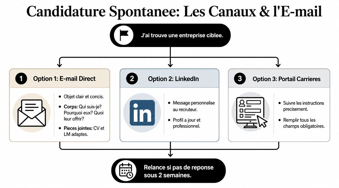 Schéma illustrant les trois canaux pour effectuer une candidature spontanée et les étapes de suivi associées.