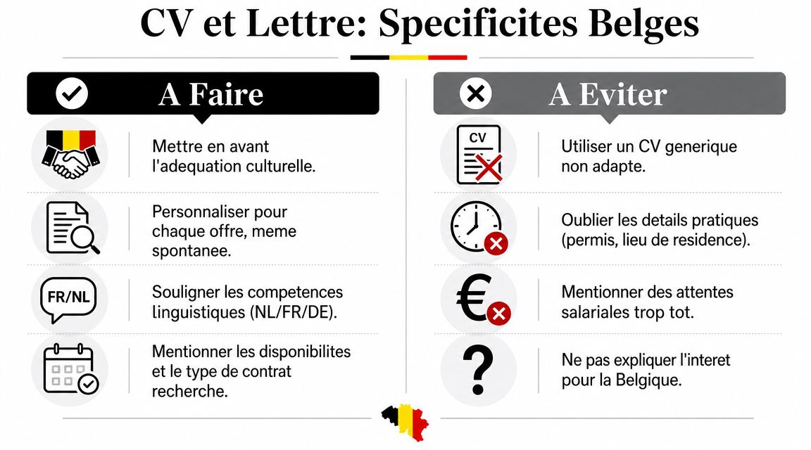 Infographie illustrant les bonnes pratiques et les erreurs à éviter pour un CV et une lettre en Belgique.