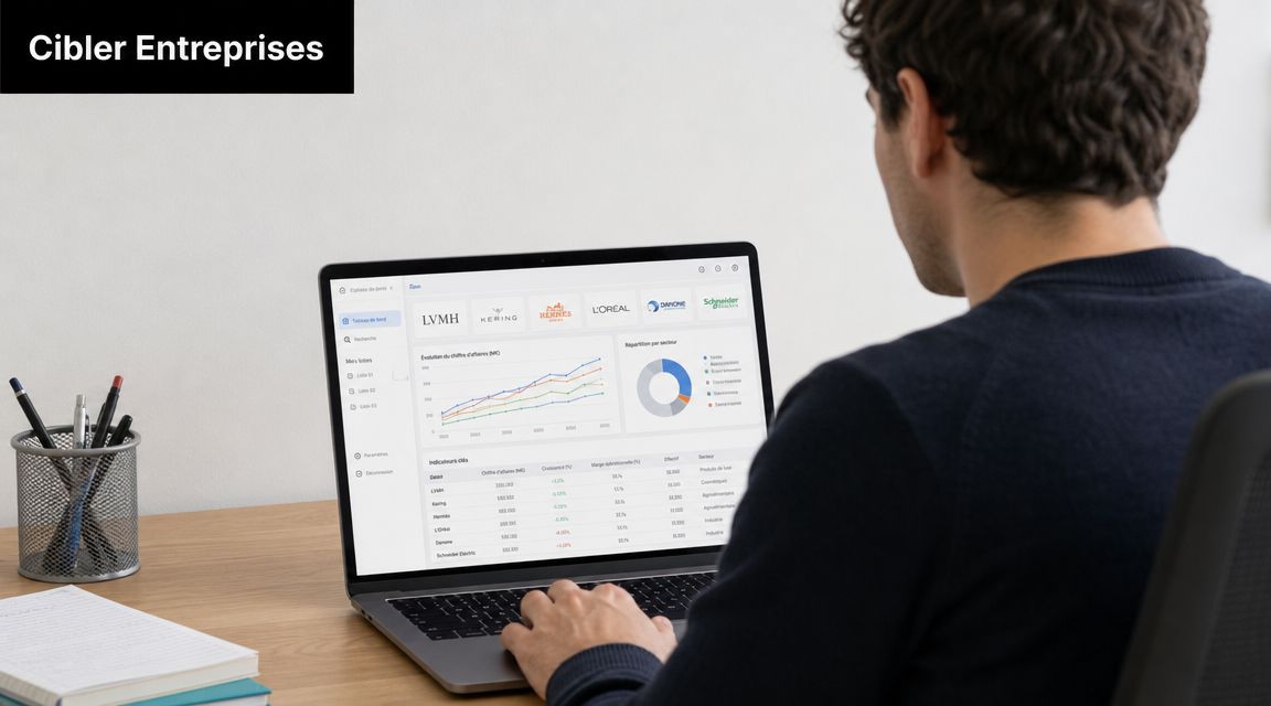 Jeune homme travaillant sur un ordinateur portable affichant des données financières et des graphiques de performance d'entreprises.