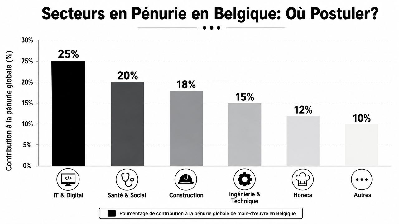 Graphique montrant les secteurs belges confrontés à une pénurie de main-d'œuvre avec leurs pourcentages de contribution respectifs.